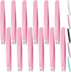 Swpeet 12Pcs 3.79 Inches Pink Eyebrow Tweezers Stainless Steel Slant Tip Tweezers Kit, Professional Eyebrow Facial and Hair Remover, Slant Pointed Precision Tweezers Fits for Men and Women