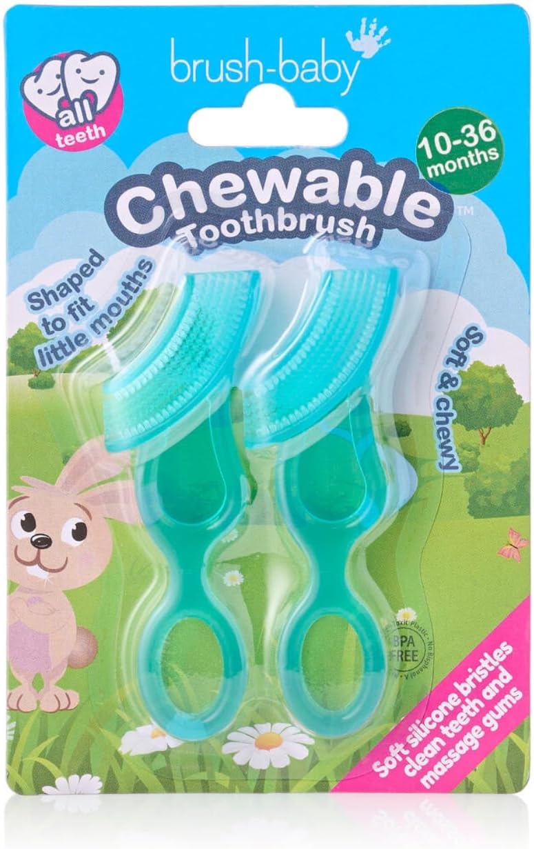 Brush-Baby Chewable Soft Toothbrush for Babies & Toddlers | Stage 2 First Teeth - Teething | Suitable from 10-36 Months | Gently Cleans Baby Teeth and soothes Sore Gums | Teal Colour, Pack of 2