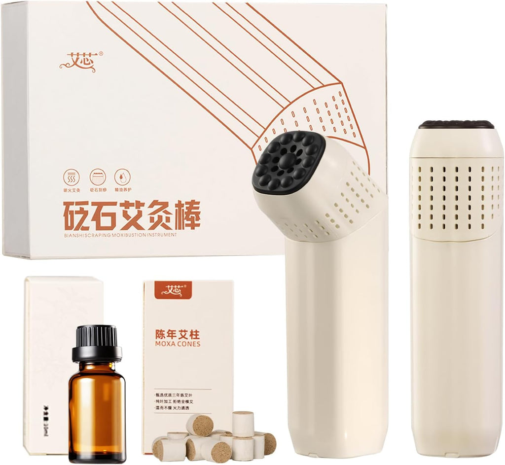 Bian Stone Moxibustion Stick - Handheld Gua Sha Tool for Facial & Full Body, Multi-Functional Massage Instrument Home Spa Wellness Gift Set（Comes with Essential Oils and Moxa Sticks）