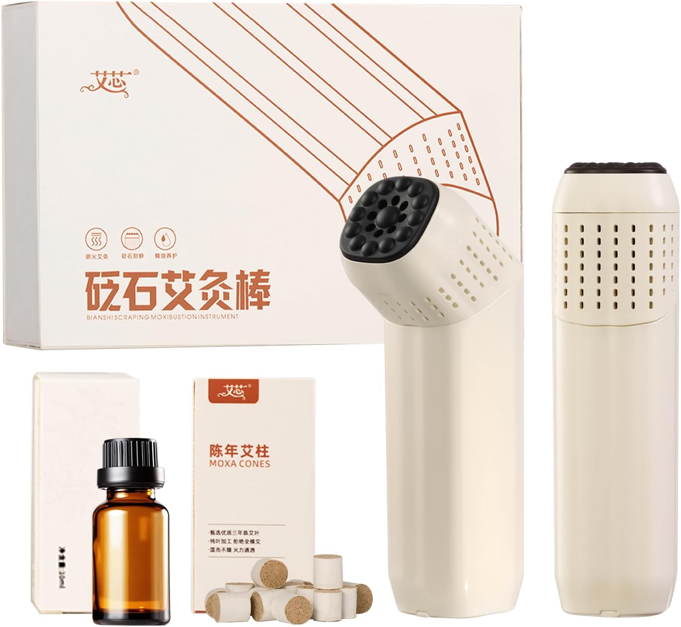 Bian Stone Moxibustion Stick - Handheld Gua Sha Tool for Facial & Full Body, Multi-Functional Massage Instrument Home Spa Wellness Gift Set（Comes with Essential Oils and Moxa Sticks）