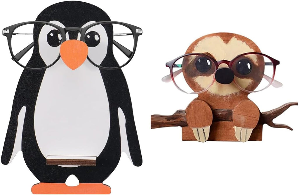 Handmade Animal Glasses Holder Stand Penguin and Sloth Eyeglass Stands, Wood Sunglasses Display Rack, Creative Home Office Desk Decor Organizer (Sloth+Penguin)