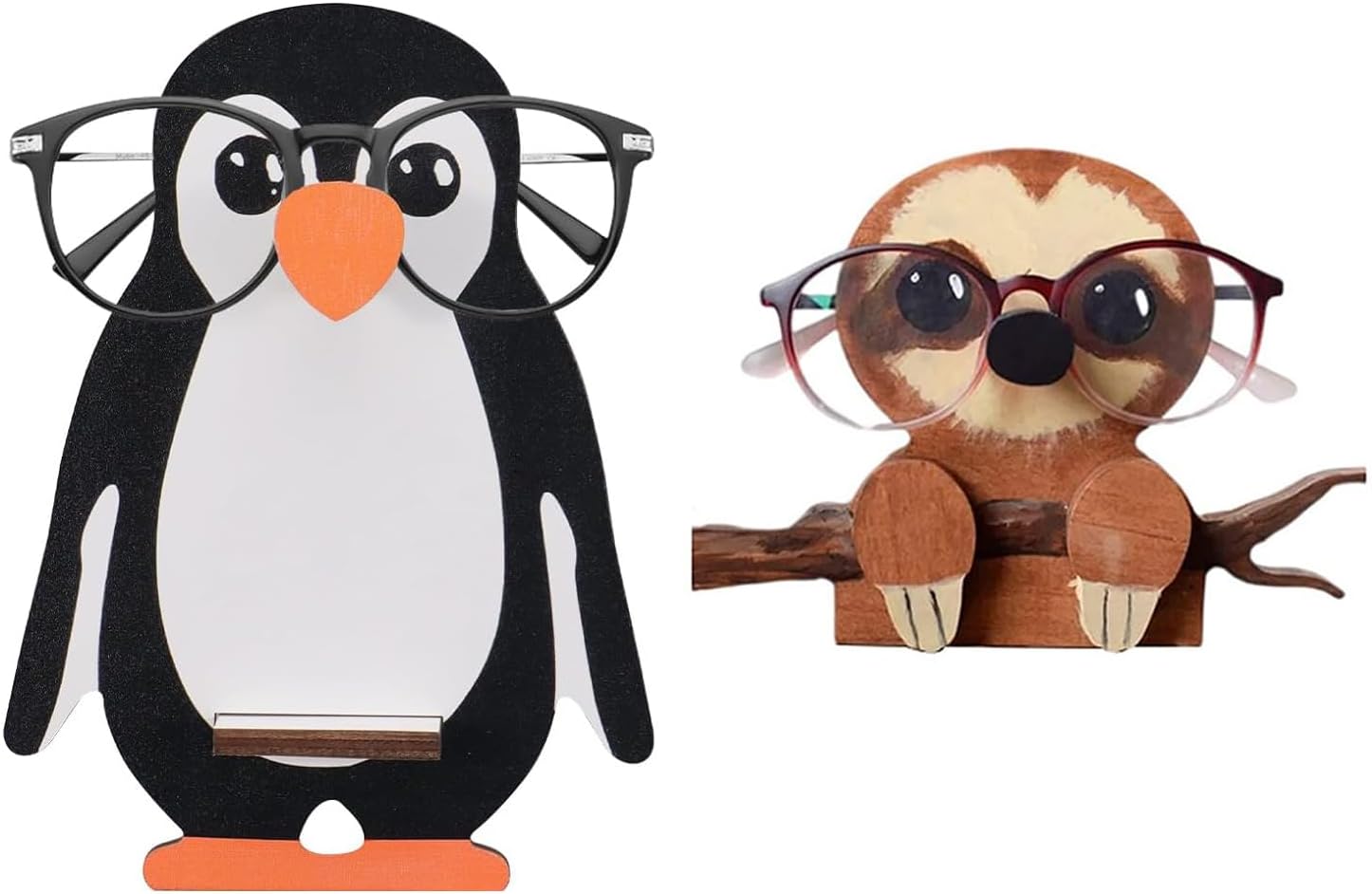 Handmade Animal Glasses Holder Stand Penguin and Sloth Eyeglass Stands, Wood Sunglasses Display Rack, Creative Home Office Desk Decor Organizer (Sloth+Penguin)