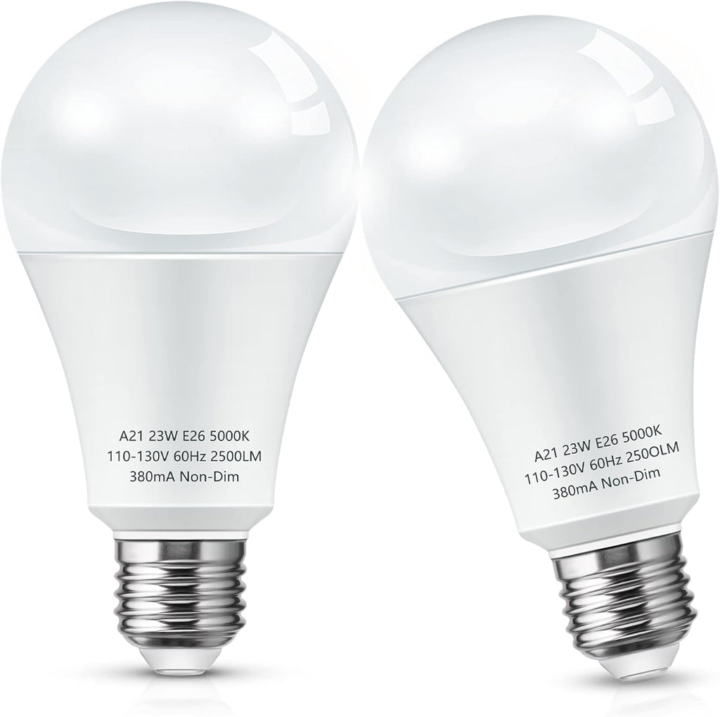 L LOHAS LED Super Bright White LED Light Bulb, A21 23W(150-200Watt Equivalent), 2500 High Lumen, 5000K Daylight, Garage Light Bulbs, E26 Porch Light Bulb, Non-Dim, No Flicker for Home Lighting, 2-Pack