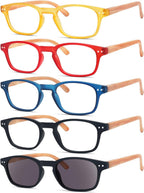 Eyekepper 5 Pack Spring Hinge Wood-grain Printed Arms Reading Glasses Include Sunshine Readers +2.00