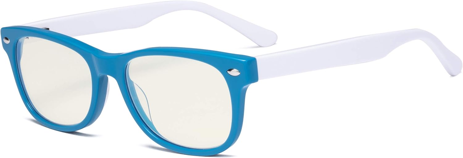 Eyekepper Computer Gaming Glasses for Kids - Blue Light Filter UV420 Rays Protection - Boys Girls Anti Glare Digital Glasses for Reading Screen - Blue Frame/White Arm