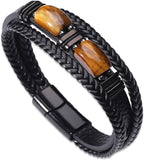 Tiger Eye Leather Bracelet Men Natural Double Tiger Eye Stone Handmade Crystal Healing Protection Bracelets