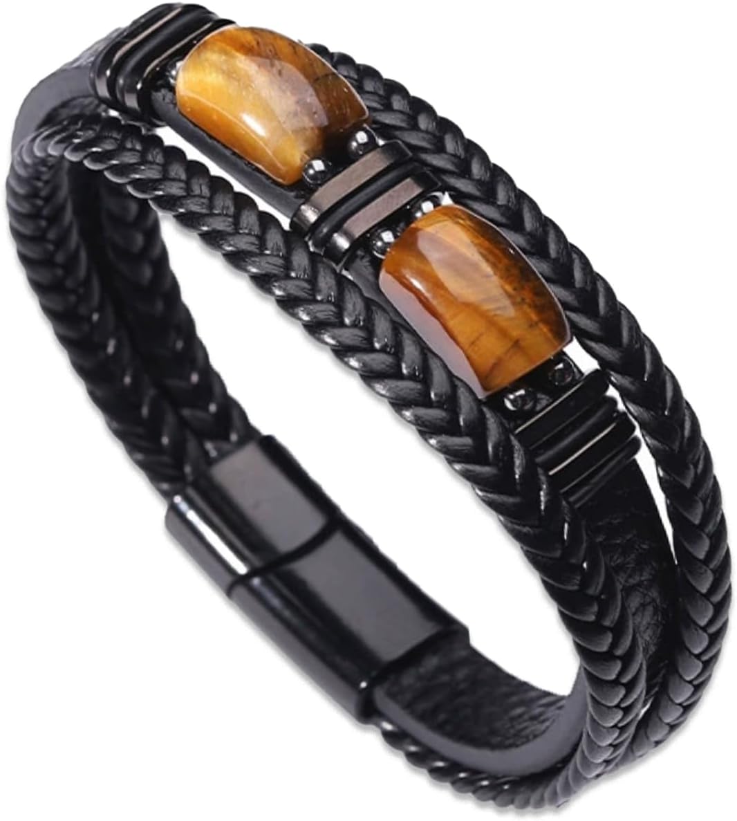 Tiger Eye Leather Bracelet Men Natural Double Tiger Eye Stone Handmade Crystal Healing Protection Bracelets