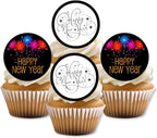 Happy New Year 2026 Edible Cupcake Toppers,New Years Eve Party Supplies, HNY Edible Cake Decorations, Black and Gold Cookie Decorations, 24 x 4cm /1.5 Inch Wafer Card Discs