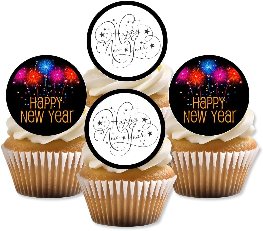 Happy New Year 2026 Edible Cupcake Toppers,New Years Eve Party Supplies, HNY Edible Cake Decorations, Black and Gold Cookie Decorations, 24 x 4cm /1.5 Inch Wafer Card Discs