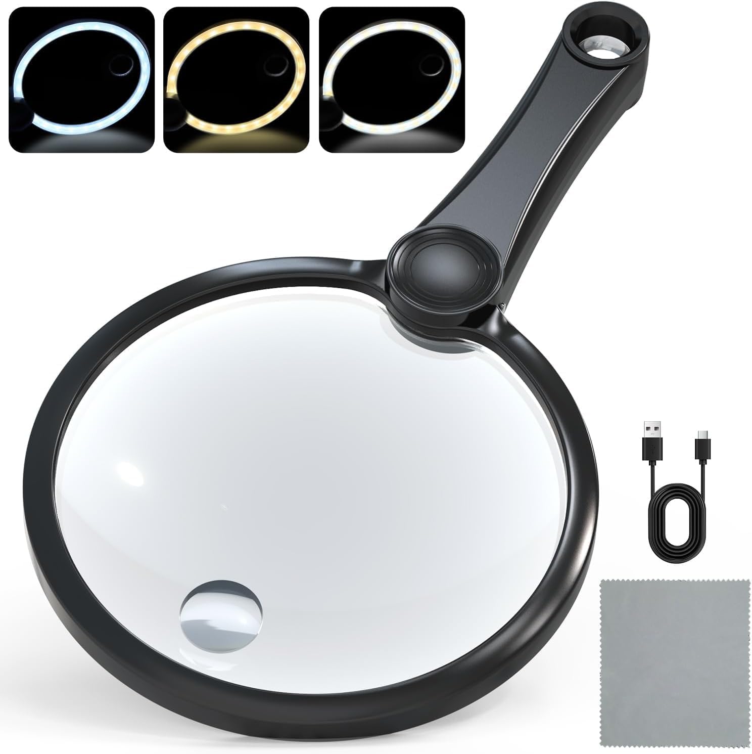 IMICHI Large 5.12" Handheld Magnifying Glass 10X/20X Lens with Eye-Care Anti-Flicker LEDs – 3 Adjustable Light Modes, Rechargeable – Perfect for Seniors, Low Vision, Reading, Crafts, Jewelry Repair