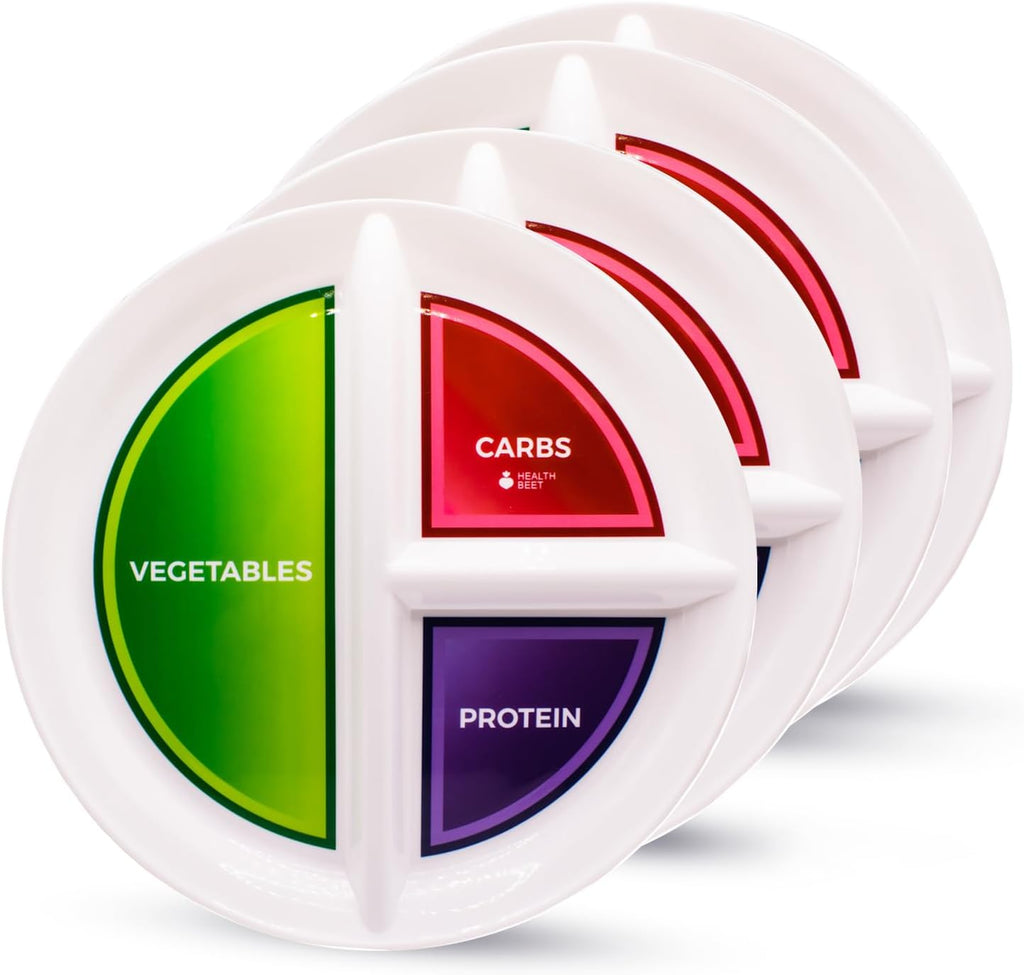 Health Beet 10” Diabetic Portion Control Plate for Balanced Eating - 3 Divided Sections for Veggies Carbs & Protein - Microwave & Dishwasher Safe Bariatric Sectioned Plates for Adults & Kids - 4 Pack