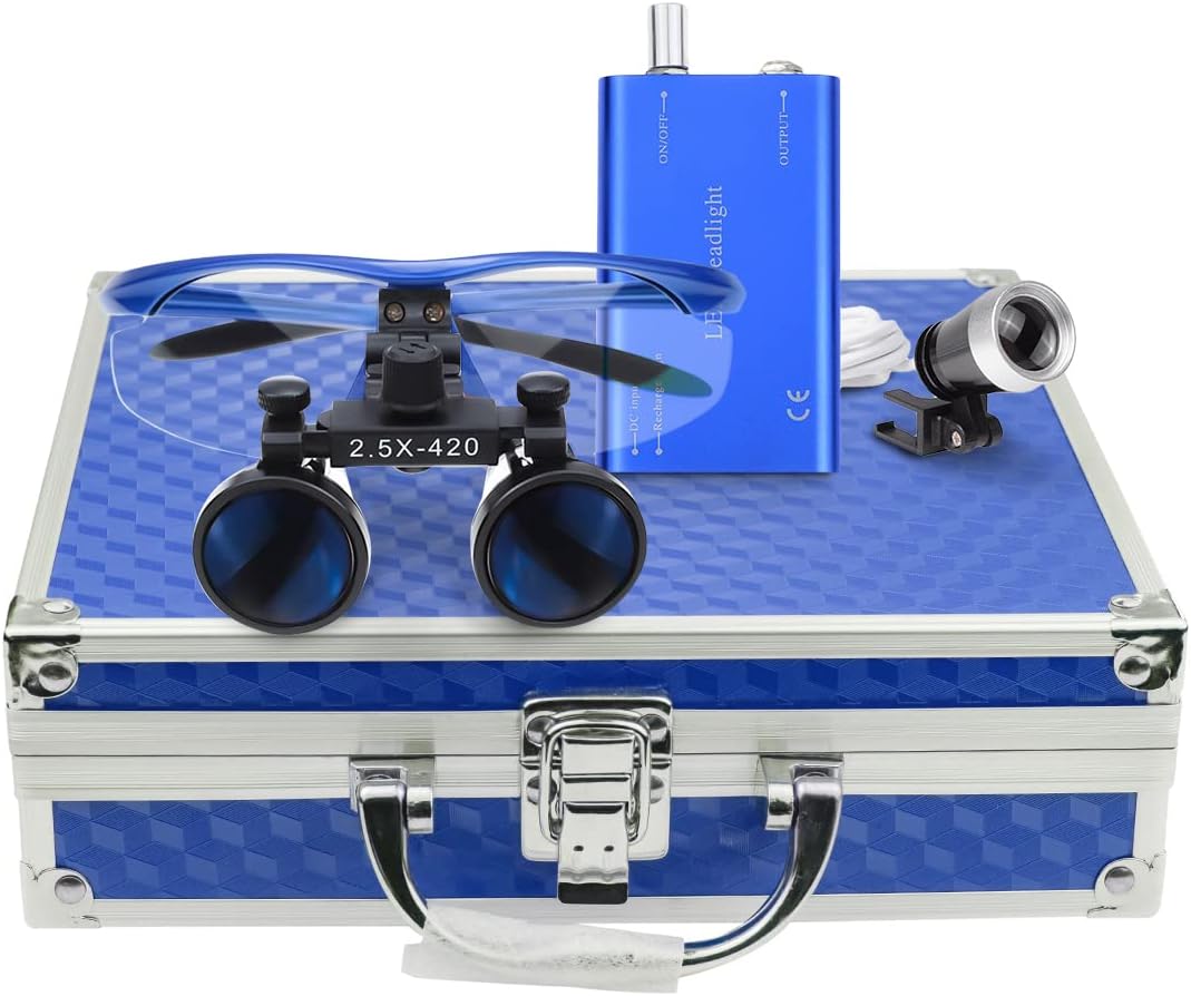 Dental Surgical 2.5X420mm Binocular Loupes + 3W LED Head Light Lamp + Aluminum Box (Blue) by SuperElight