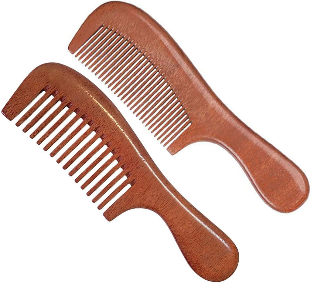 2 Pcs Sandalwood Hair Comb Set Wooden Wide and Fine Tooth Comb for Women Men, Anti-static Detangling Comb for Curly Fine Straight Wet Dry Hair