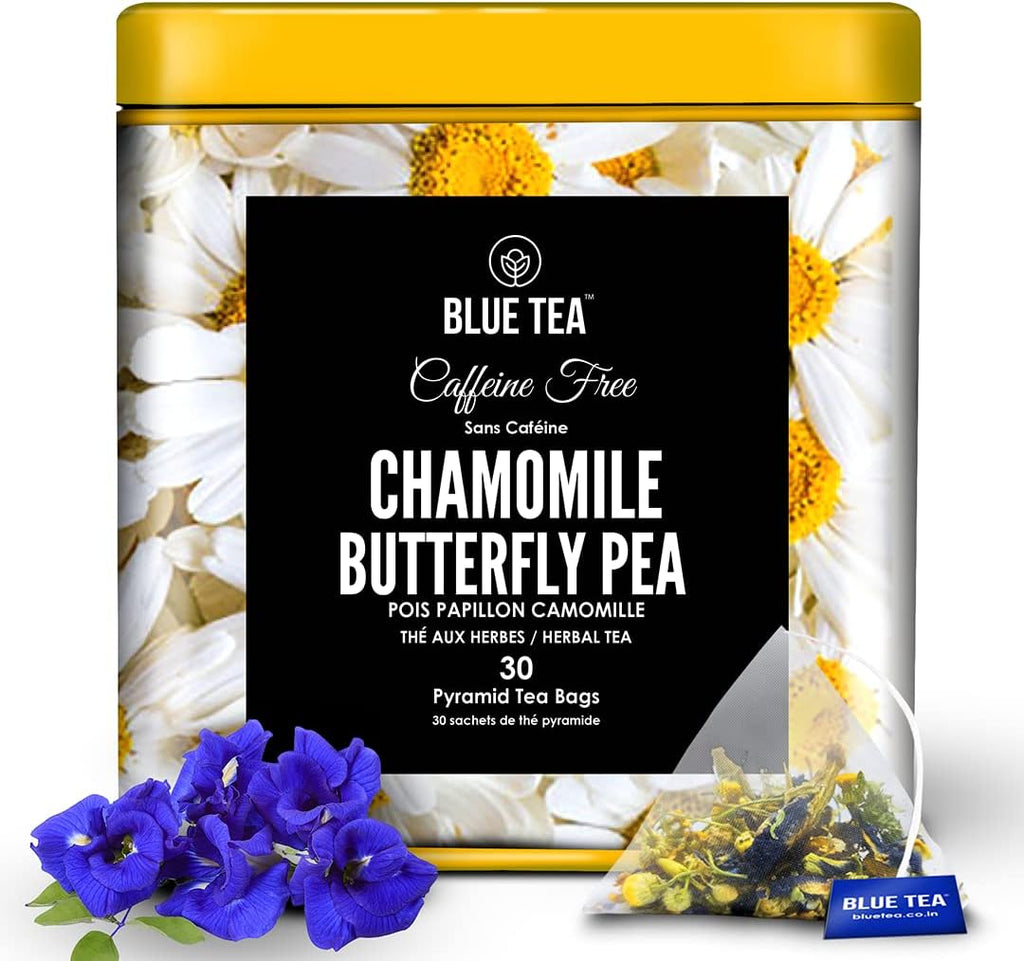 BLUE TEA - Chamomile Tea - Butterfly Pea Flower - 30 Count - Plant Based Tea Bag | CALMING & RELAXATION | Herbal Tea - Caffeine Free - Flower Based - Vegan - Non-GMO | Resuable Tin Packaging