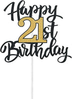 21st Birthday Cake Topper, Happy 21st Birthday Cake Topper, 21 Cake Topper for Him or Her, Black and Gold Glitter Cake Decoration for 21st Birthday Decorations, Men Women Adult Birthday Party Decor