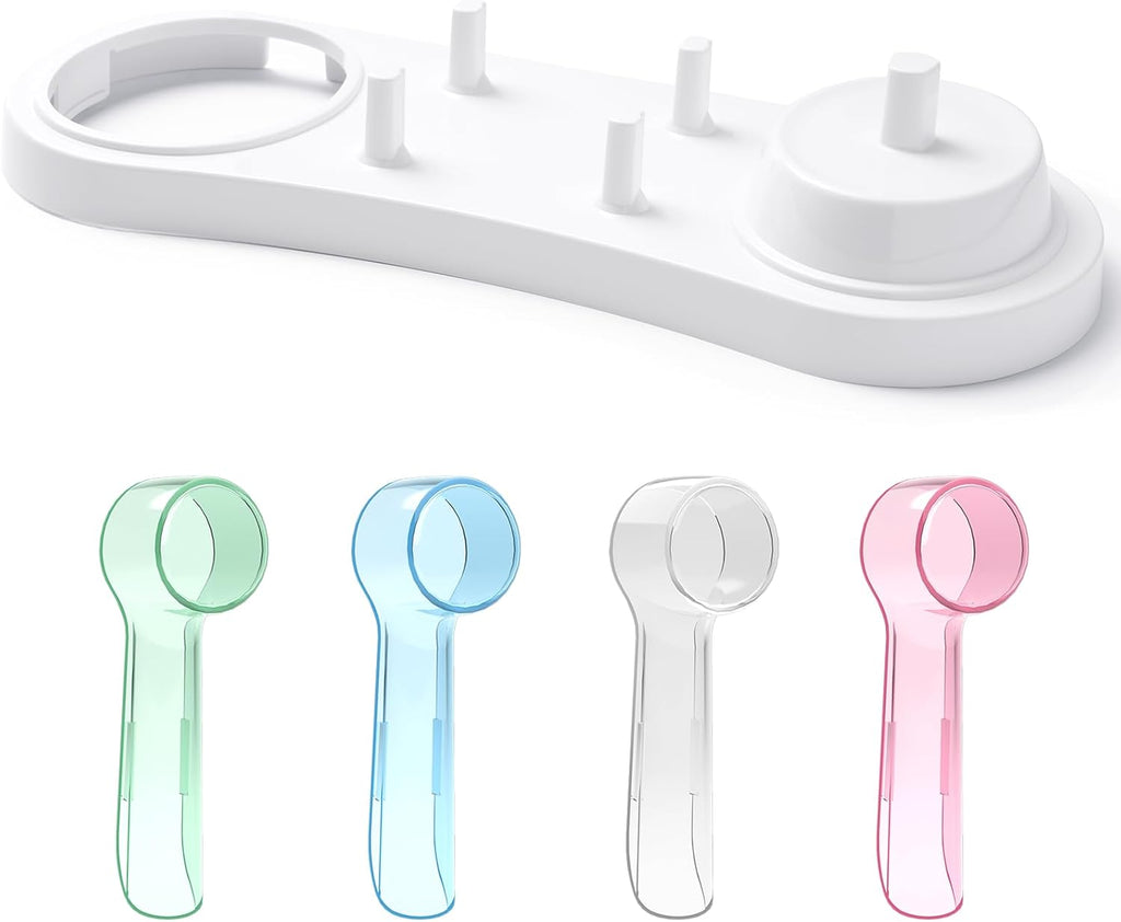 Electric Toothbrush Holder with 1 Charging Stand Slot, 1 Toothbrush Stand and 4 Toothbrush Head Stands + 4 PCS Toothbrush Head Covers for Oral B