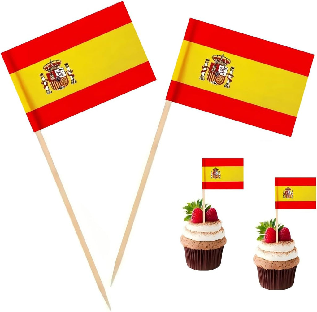 100 Pcs Spain Flag Spanish Toothpick Flags, Cocktail Picks Mini Stick Cupcake Toppers Country Picks Party Decoration Celebration Cocktail Food Bar Cake Flags
