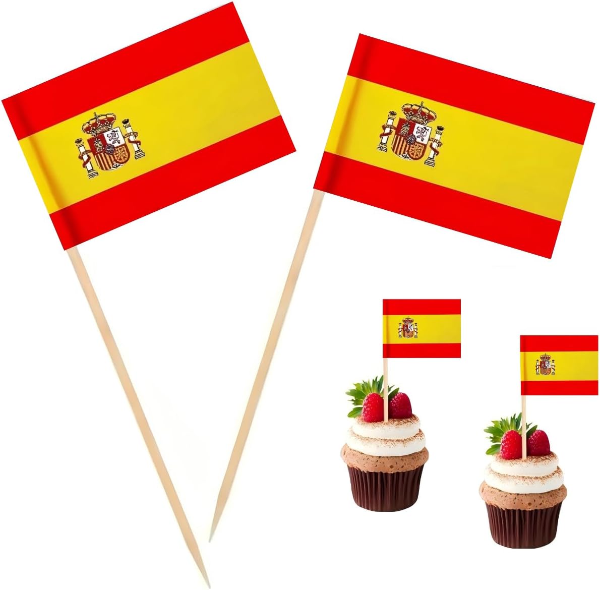 100 Pcs Spain Flag Spanish Toothpick Flags, Cocktail Picks Mini Stick Cupcake Toppers Country Picks Party Decoration Celebration Cocktail Food Bar Cake Flags