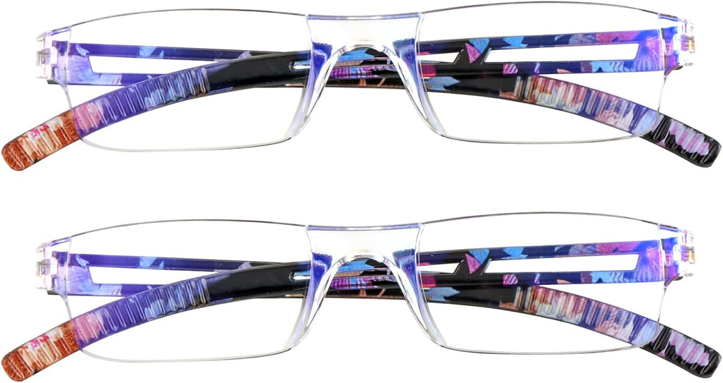 VisionGlobal 2 Pairs Reading Glasses, Blue Light Blocking Glasses, Computer Reading Glasses for Women and Men, Fashion Square Eyewear Frame (2blue floral,+1.00 Magnification)