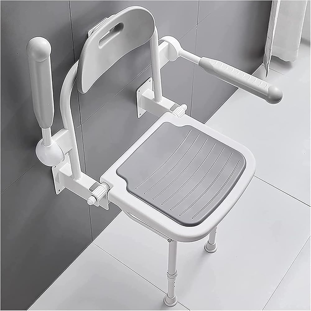 Folding Shower Seat for Seniors and Disabled – Portable Wall-Mounted Bath Chair with Support Legs and Armrests