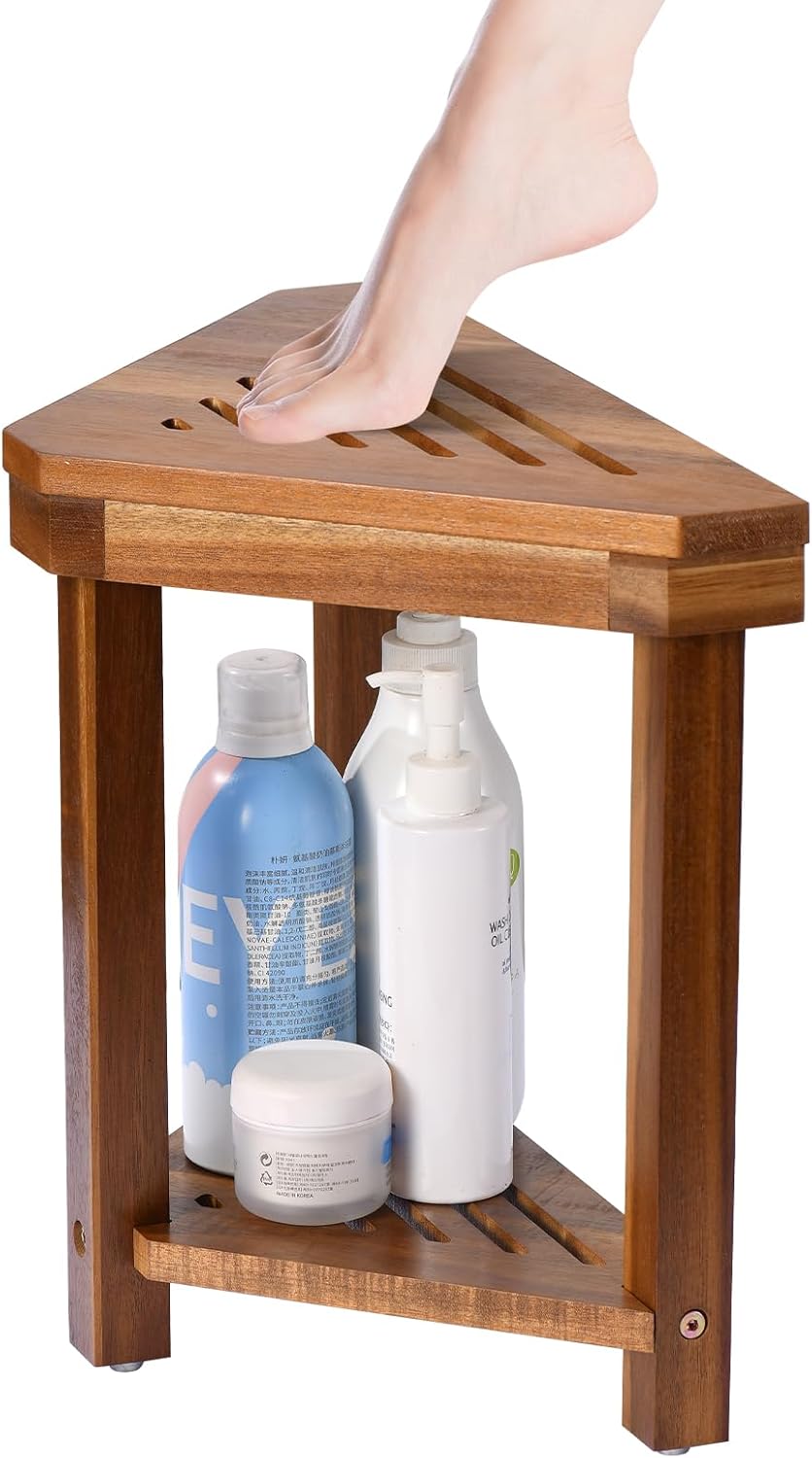 Shower Foot Rest Stool - Wood Waterproof Corner Shaving Stool with Storage Shelf for Small Bathroom Spaces Non-Slip Spa Shower Foot Rest, Corner Bathroom Bench Bath Seat