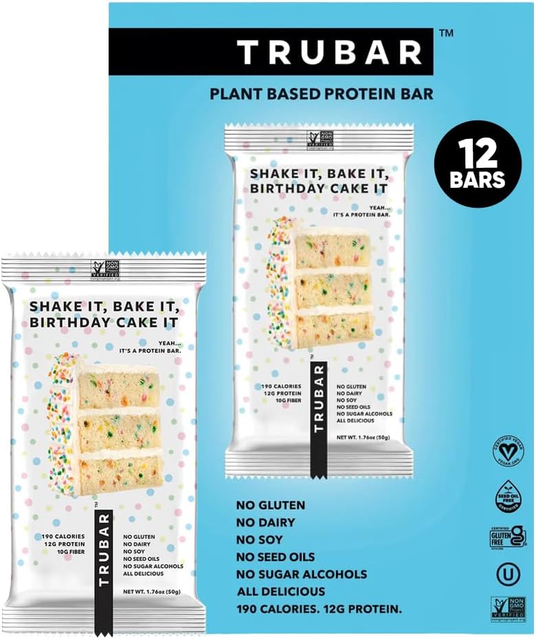 TRUBAR Vegan Protein Bar, Shake it Bake it Birthday Cake it, Gluten Free, Plant Based Protein, Dairy Free, Non GMO, Soy Free, No Sugar Alcohols, 12G Protein, 12G Fiber, 23G Carb, Snack Bars, 12ct