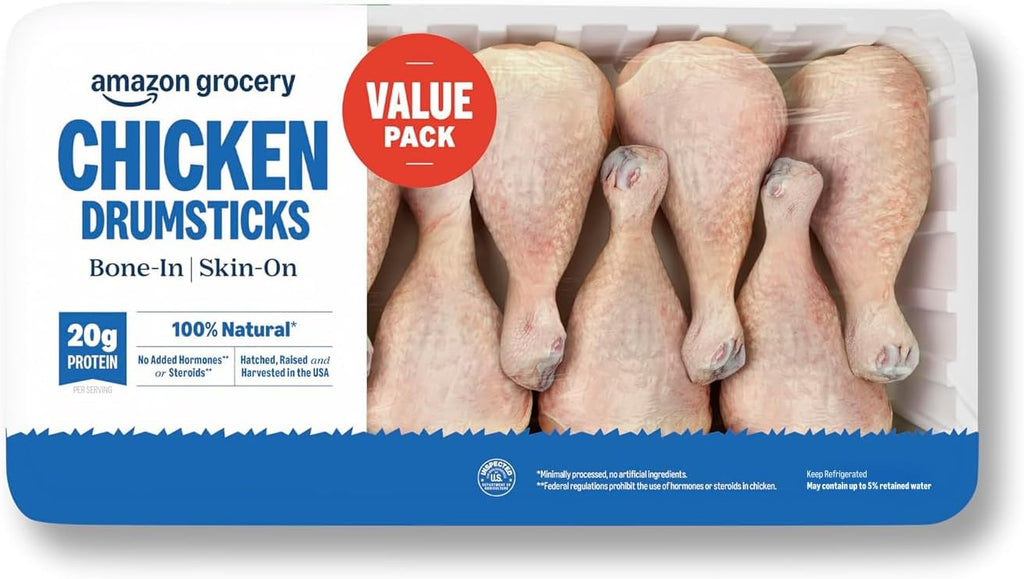 Amazon Grocery, Chicken Drumsticks Value Pack, Bone-In Skin-On, 100% Natural, Weight Varies