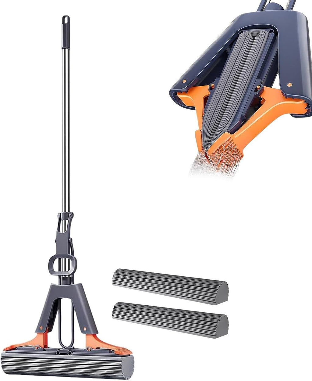 Sponge Mop - Roller Self Squeeze Cleaning Mop with Adjustable Handle, Absorbent Floor Cleaner | Marble Tile Bathroom Balcony Dust Dirt Hair Removal Tool with Replacement Sponge Heads