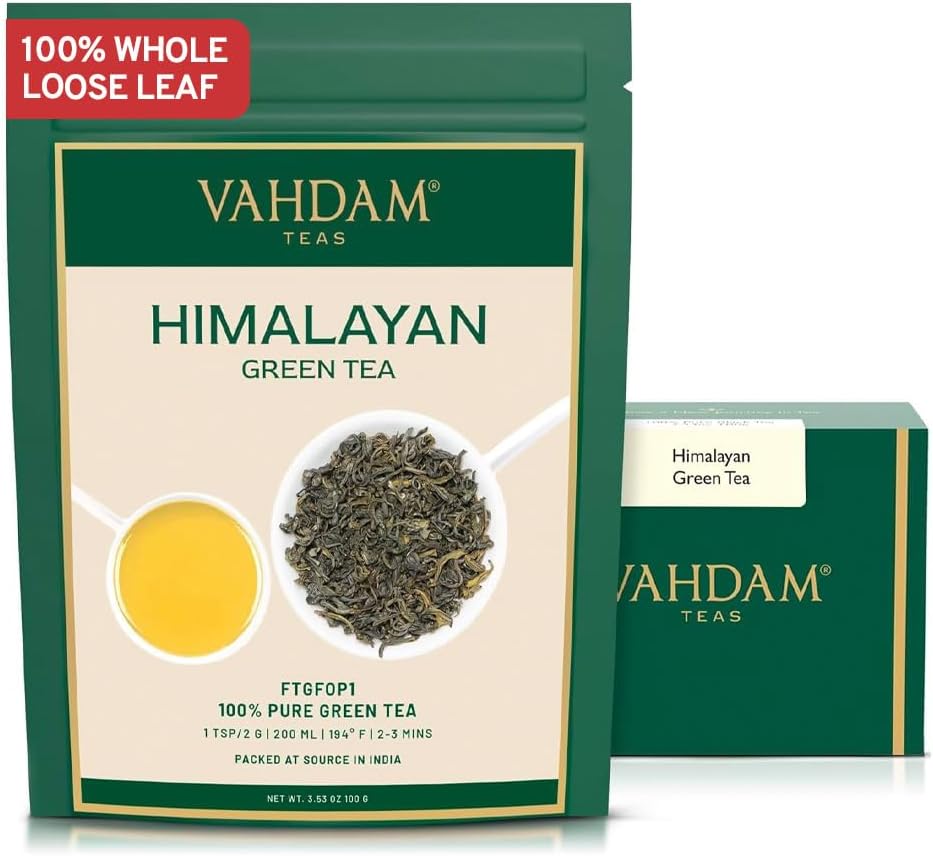 VAHDAM, Himalayan Green Tea Leaves (50+ Cups, 3.53 Oz) Non GMO, Gluten Free | High Elevation Grown Green Tea Leaves From Himalayas | Pure Unblended Single Origin Green Loose Leaf Tea | Vacuum Sealed
