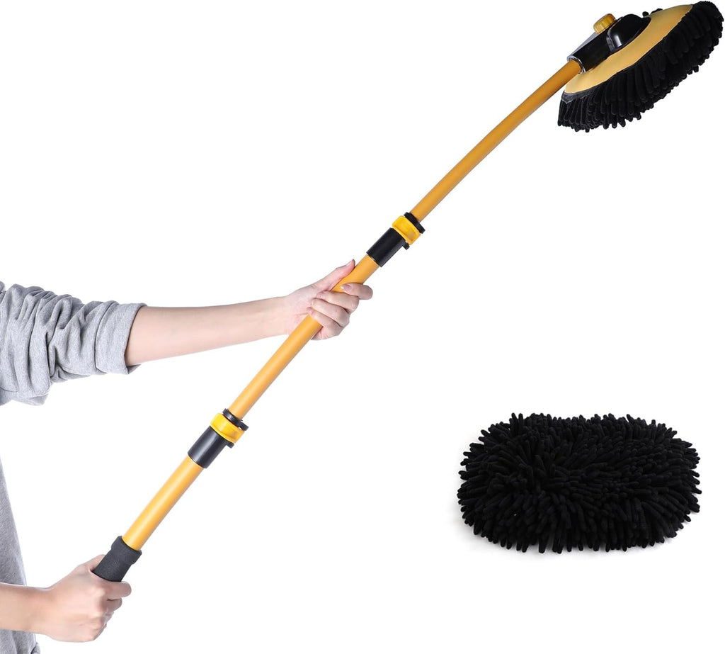 Eyliden Car Wash Brush Mop, Long Handle, 2 Scratch-Free Microfiber Heads, Car Detailing Care Kit for Car RV Truck (Yellow & Black)