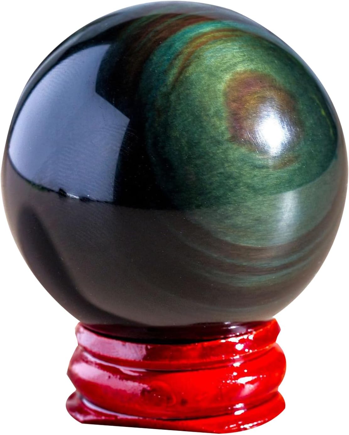 4cm,Natural Rainbow Eye Obsidian Crystal Ball – Polished Sphere with Raw Stone Base, Volcanic Glass Feng Shui Ornament, Healing Crystal Craft for Home Office Desk Decor