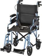 NOVA Lightweight Folding Transport Chair for Adults – Aluminum Foldable Travel Wheelchair with Flip-Up Desk Arms, One-Grip Locking Hand Brakes, 8” All-Terrain Wheels, 300 lb Capacity, Blue