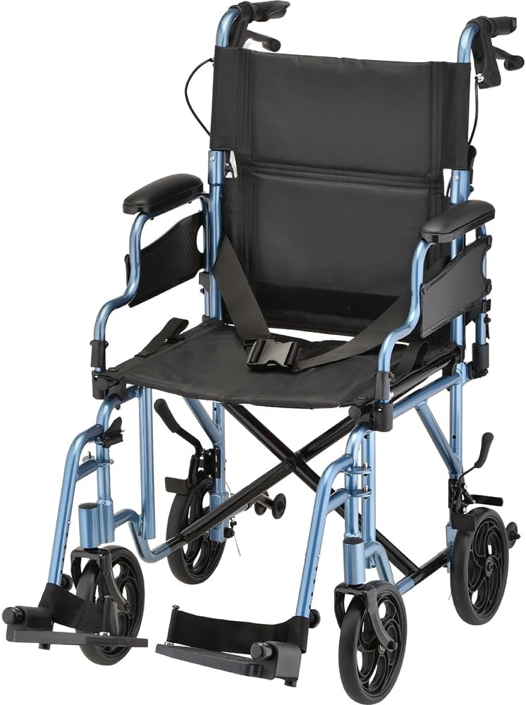NOVA Lightweight Folding Transport Chair for Adults – Aluminum Foldable Travel Wheelchair with Flip-Up Desk Arms, One-Grip Locking Hand Brakes, 8” All-Terrain Wheels, 300 lb Capacity, Blue