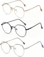 3 Pack Blue Light Reading Glasses for Men Women, Polygon Metal Frame Clear Computer Eyeglasses