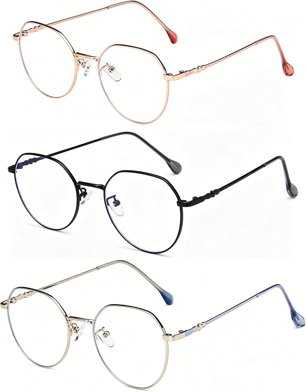 3 Pack Blue Light Reading Glasses for Men Women, Polygon Metal Frame Clear Computer Eyeglasses