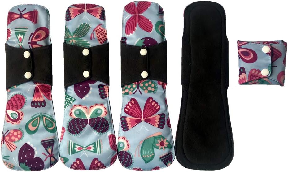 MUMBABY 5pcs 30.5cm / 12inch (Fit) Heavy Flow Charcoal Bamboo Mama Cloth/Menstrual Pads/Reusable Sanitary Pads (Butterflies, Large)