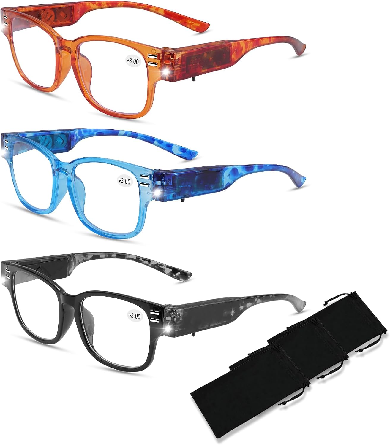 3Colors Reading Glasses with Lights and Magnifier Blue Light Blocking LED Readers Lighted Magnifying Glass