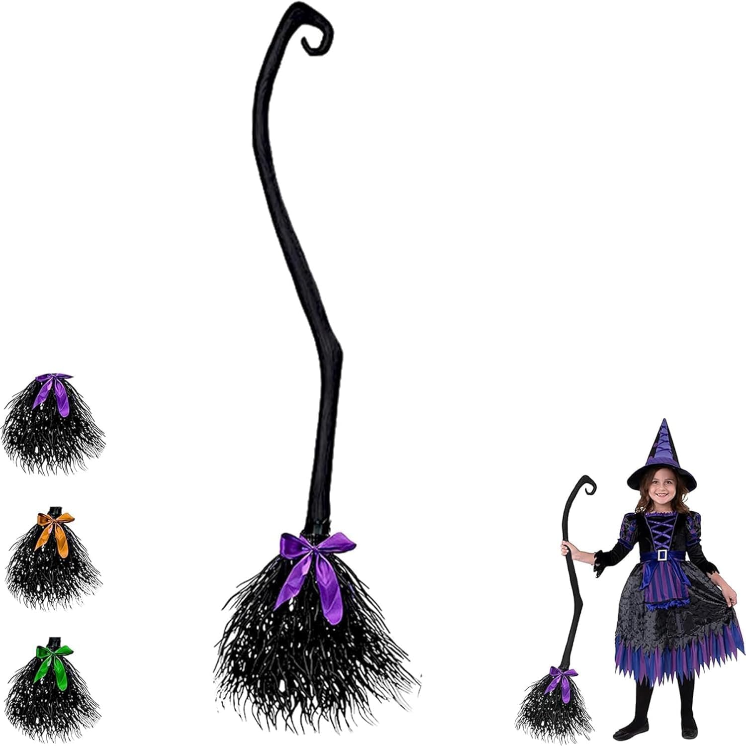 Halloween Witches Broomstick, 49inch Witch Broom - Witch Cosplay Props with 3 Colorful Ribbon (Black)
