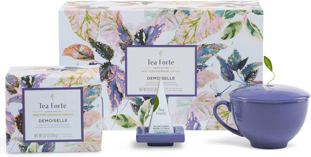 Tea Forte Gift Set with Cafe Cup, Tea Tray, Mini Presentation Box with 10 Handcrafted Pyramid Infuser Tea Bags, Gifts for Mom, Demoiselle Tea