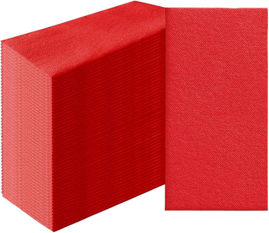 PAW - 50-Pack Disposable Red Linen-Feel Guest Towels 8" x 4" Folded, European Quality Hand Towels, Elegant Dinner Napkins for Special Occasions - Wedding, Birthday, Holiday, Bridal Shower