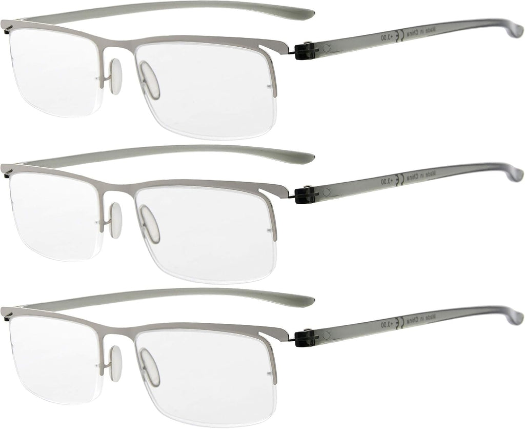 Eyekepper 3 Pairs Half-rim Reading Glasses for Men Metal Readers Silver Frame +2.50
