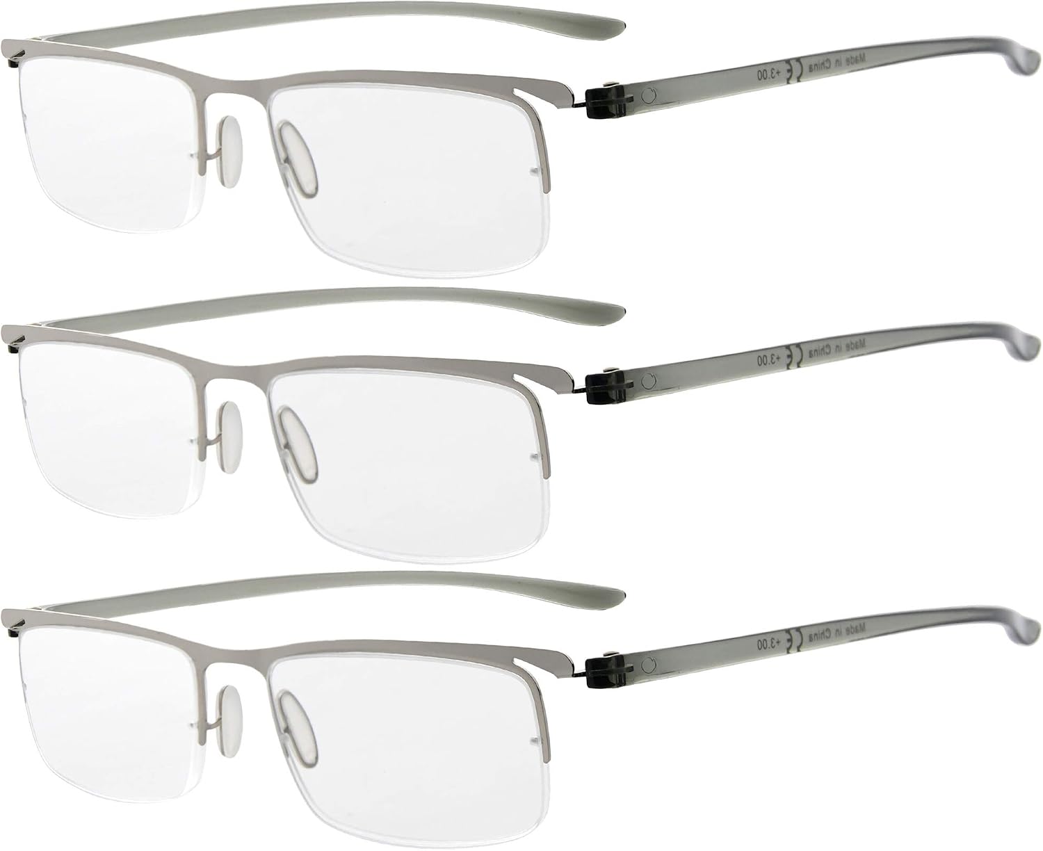 Eyekepper 3 Pairs Half-rim Reading Glasses for Men Metal Readers Silver Frame +2.50