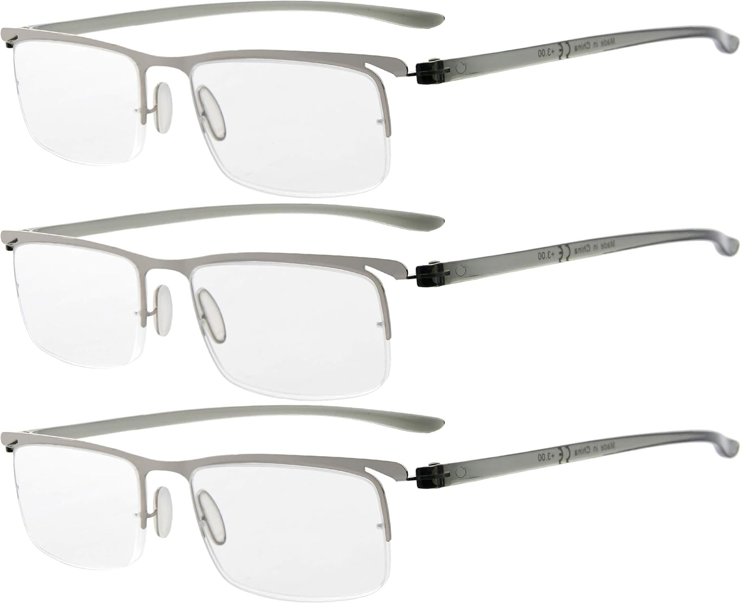 Eyekepper 3 Pairs Half-rim Reading Glasses for Men Metal Readers Silver Frame +2.00