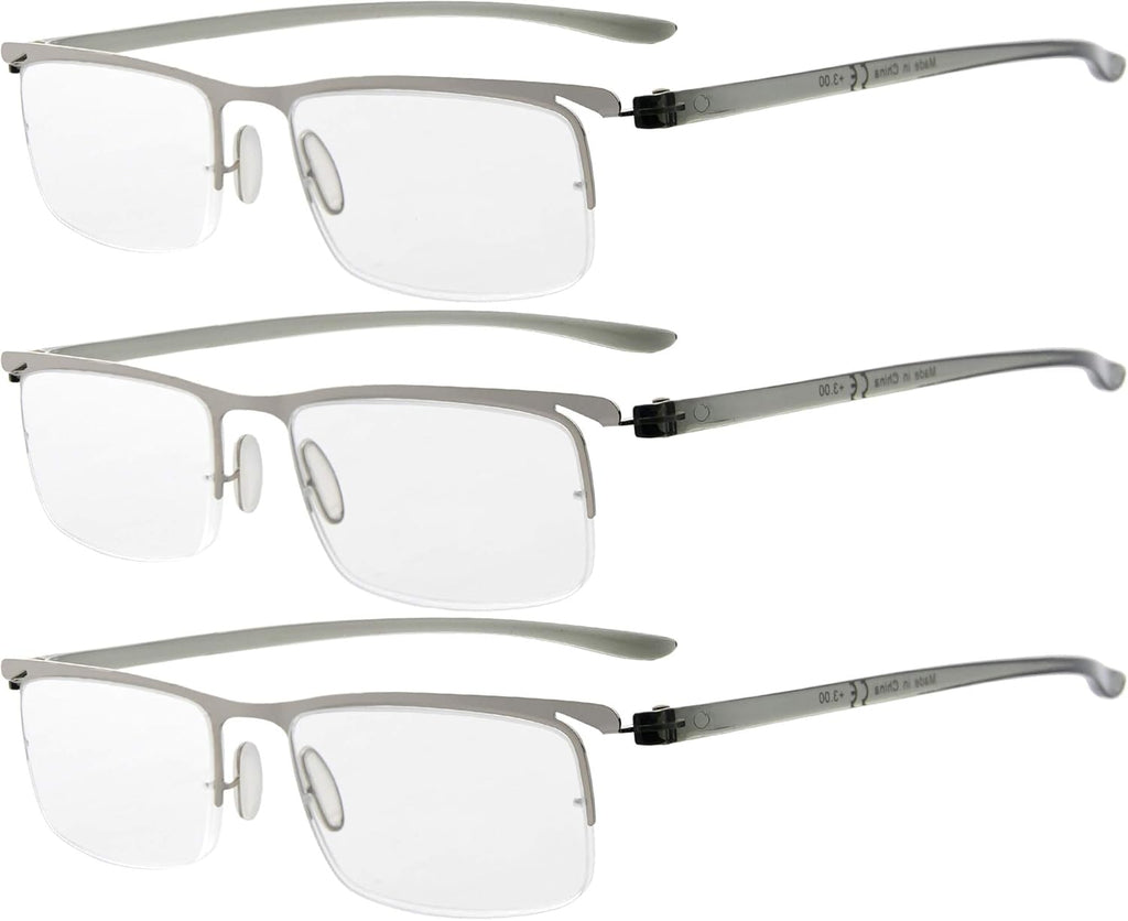 Eyekepper 3 Pairs Half-rim Reading Glasses for Men Metal Readers Silver Frame +1.50