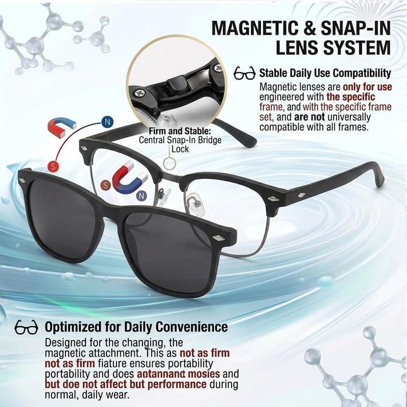 5 Pcs Magnetic Clip On Sunglasses Retro Half-Frame Interchangeable Polarized Tinted Lenses for Men and Women Unique Gift Stick-on Trendy Fashion Magnetic Sunglasses
