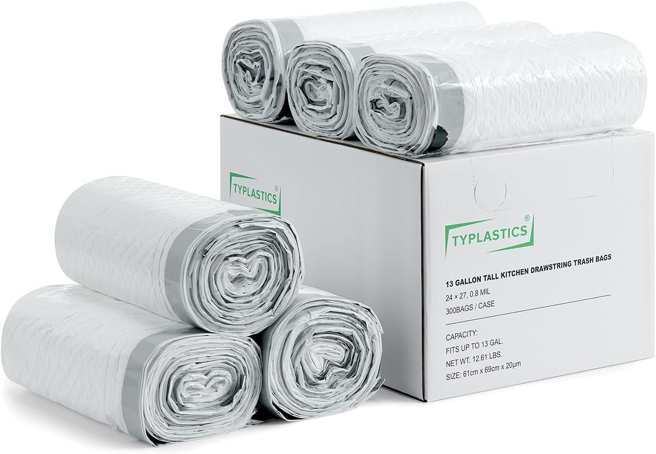 TYPLASTICS FleTex Tall Kitchen 13 Gallon Drawstring Trash Bags, 300 Bags, 24in x 27in, Unscented, White, Wholesale Pack (Heavy duty, 300 Count)