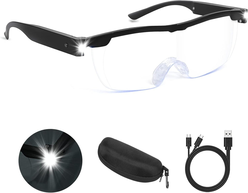 Magnifying Glasses with Light, 200% Magnification, USB Rechargeable LED Lighted Magnifying Glass, Anti Blue Light, Hands Free Head Magnifier Eyeglasses for Close Work, Hobbies, Reading, Craft（Black）