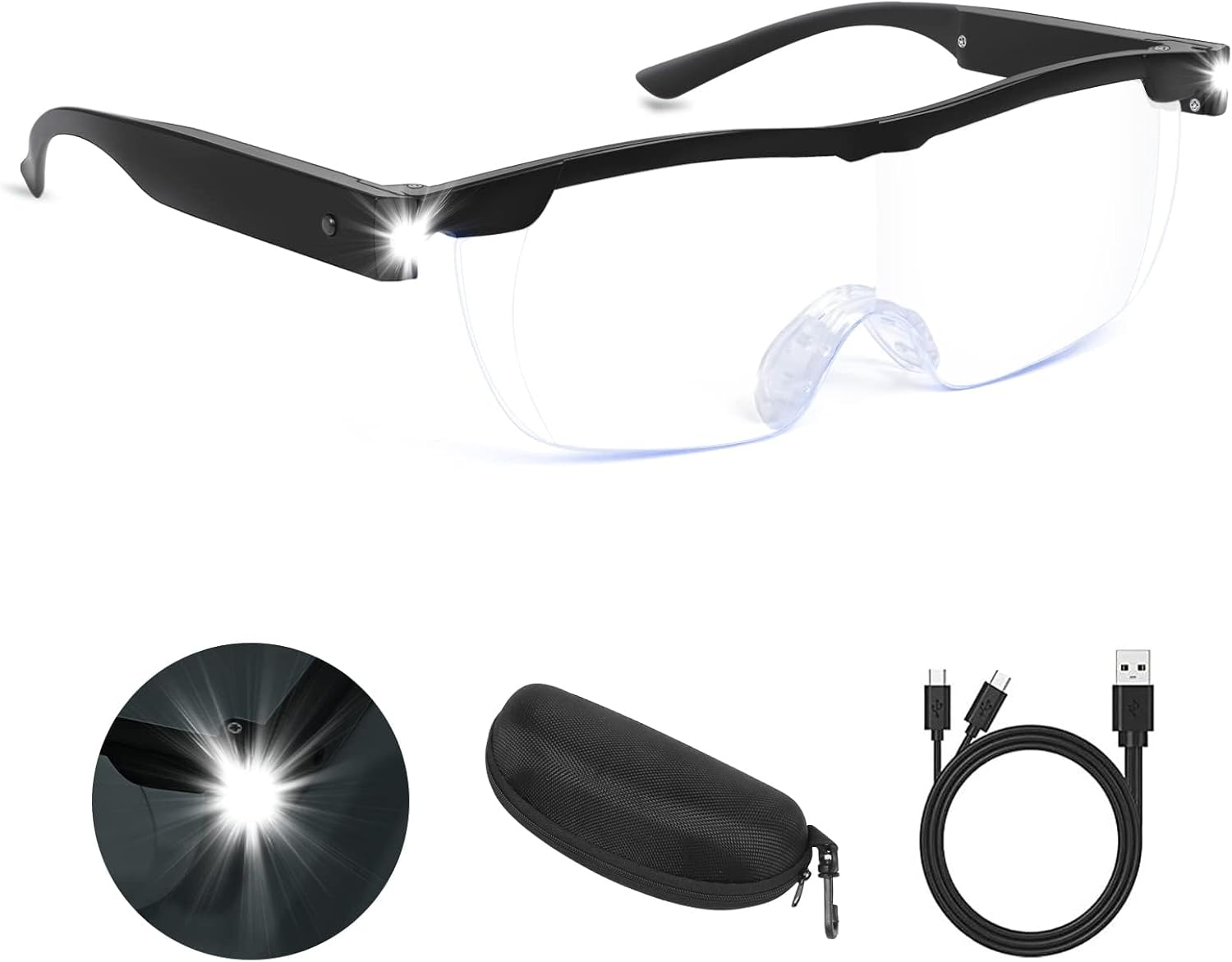 Magnifying Glasses with Light, 200% Magnification, USB Rechargeable LED Lighted Magnifying Glass, Anti Blue Light, Hands Free Head Magnifier Eyeglasses for Close Work, Hobbies, Reading, Craft（Black）