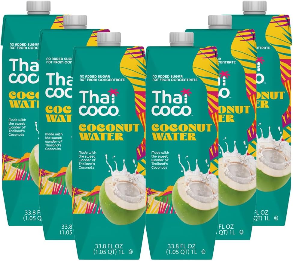 Thai Coco Organic Coconut Water, 100% Pure & Unsweetened, No Sugar Added, USDA Organic, Natural Electrolytes Hydration Drink, 33.8 fl oz Tetra Carton (Pack of 6)