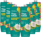 Thai Coco Organic Coconut Water, 100% Pure & Unsweetened, No Sugar Added, USDA Organic, Natural Electrolytes Hydration Drink, 33.8 fl oz Tetra Carton (Pack of 6)